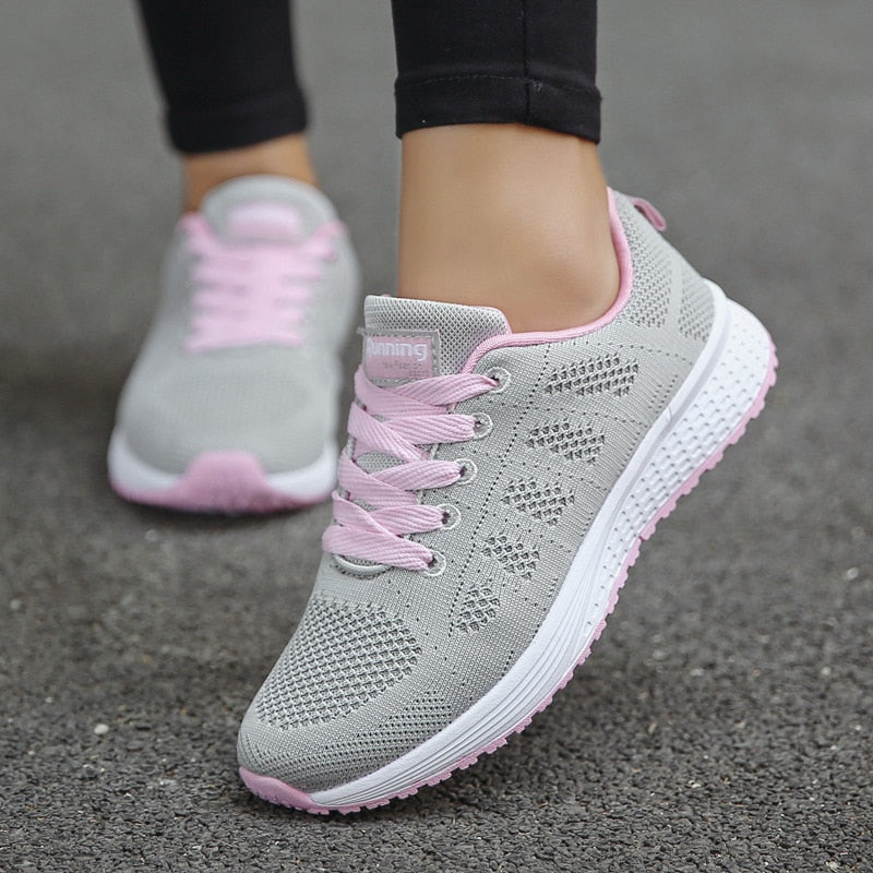 Women's Lace-Up Casual Walking Sneaker - Lightweight Summer Style - Grey-Pink