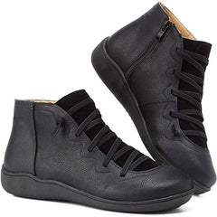 Women's Lace-Up Side-Zip Flat Ankle Boots - Casual Comfort | Autumn - Black