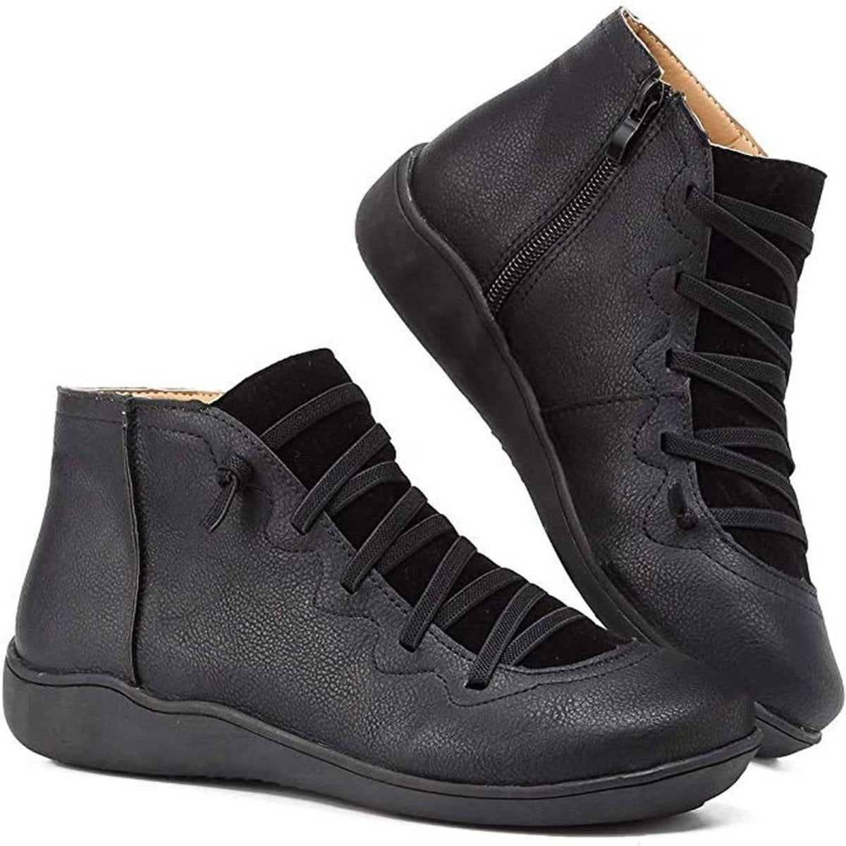 Women's Lace-Up Side-Zip Flat Ankle Boots - Casual Comfort | Autumn - Black