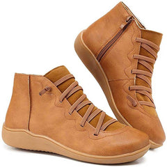 Women's Lace-Up Side-Zip Flat Ankle Boots - Casual Comfort | Autumn - Brown