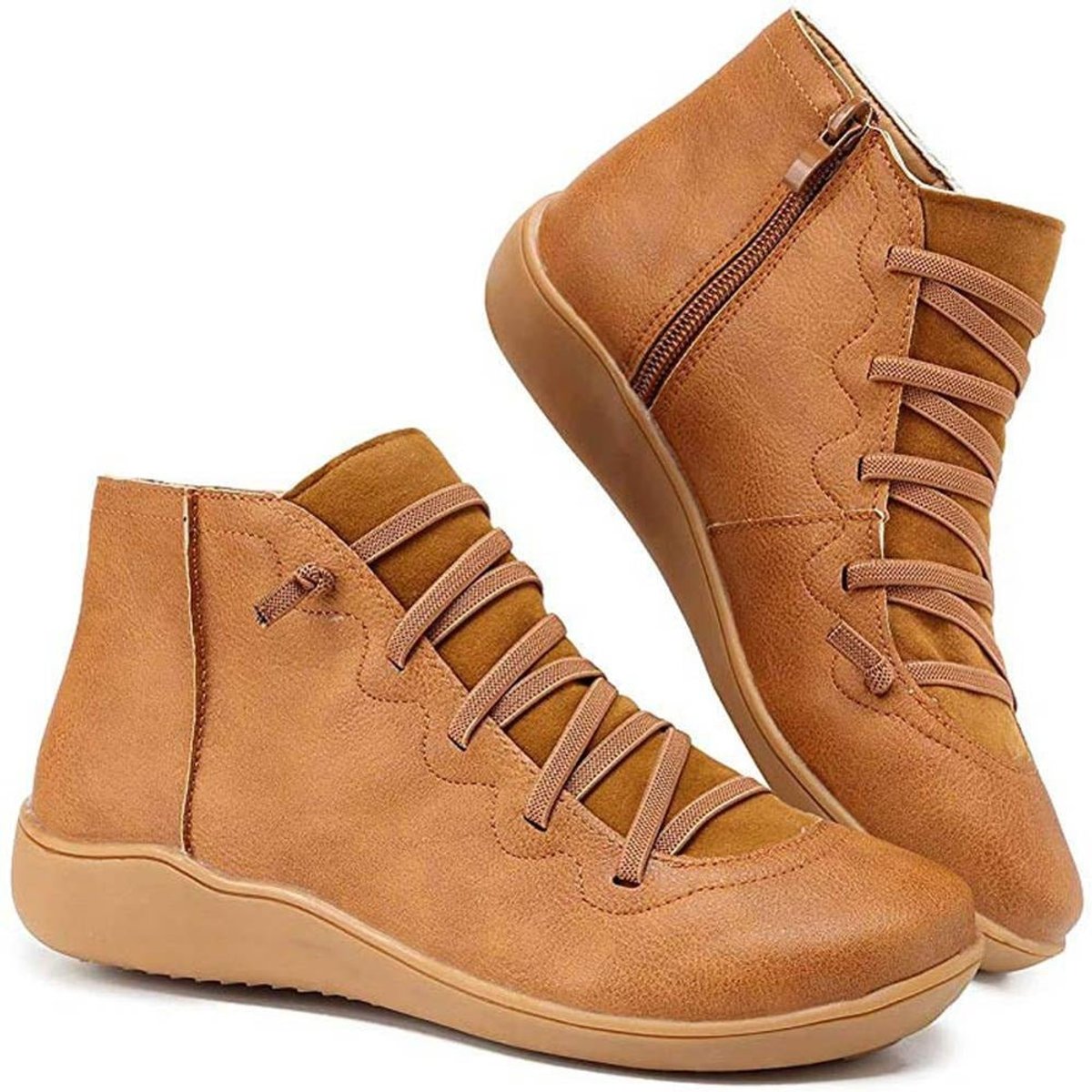 Women's Lace-Up Side-Zip Flat Ankle Boots - Casual Comfort | Autumn - Brown