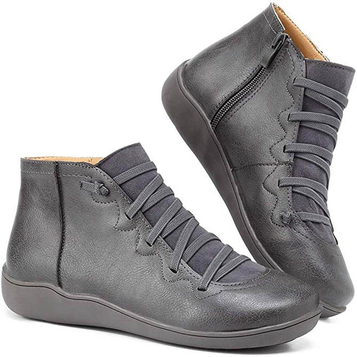 Women's Lace-Up Side-Zip Flat Ankle Boots - Casual Comfort | Autumn - Grey