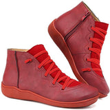 Women's Lace-Up Side-Zip Flat Ankle Boots - Casual Comfort | Autumn - Red