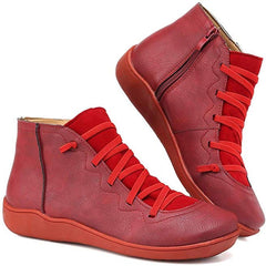 Women's Lace-Up Side-Zip Flat Ankle Boots - Casual Comfort | Autumn - Red