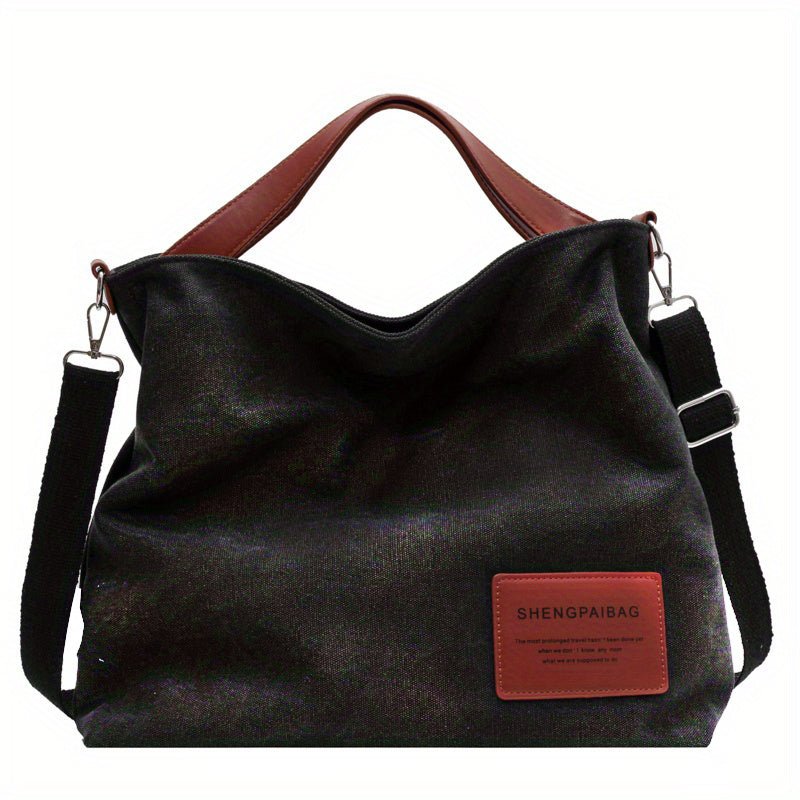 Women's Large Canvas Hobo Tote Bag with Adjustable Strap - Black