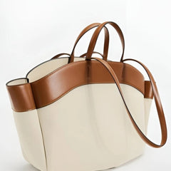 Women's Large Canvas Tote Bag with Leather Trim - Beige | Spring - Beige