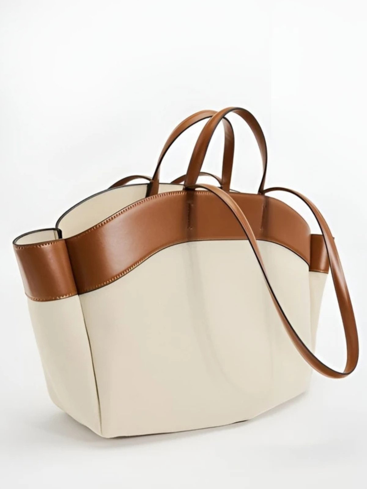 Women's Large Canvas Tote Bag with Leather Trim - Beige | Spring - Beige