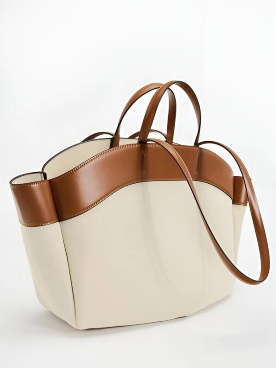 Women's Large Canvas Tote Bag with Leather Trim - Beige | Spring - Beige