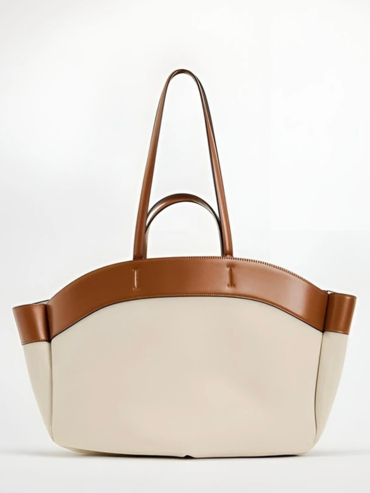 Women's Large Canvas Tote Bag with Leather Trim - Beige | Spring