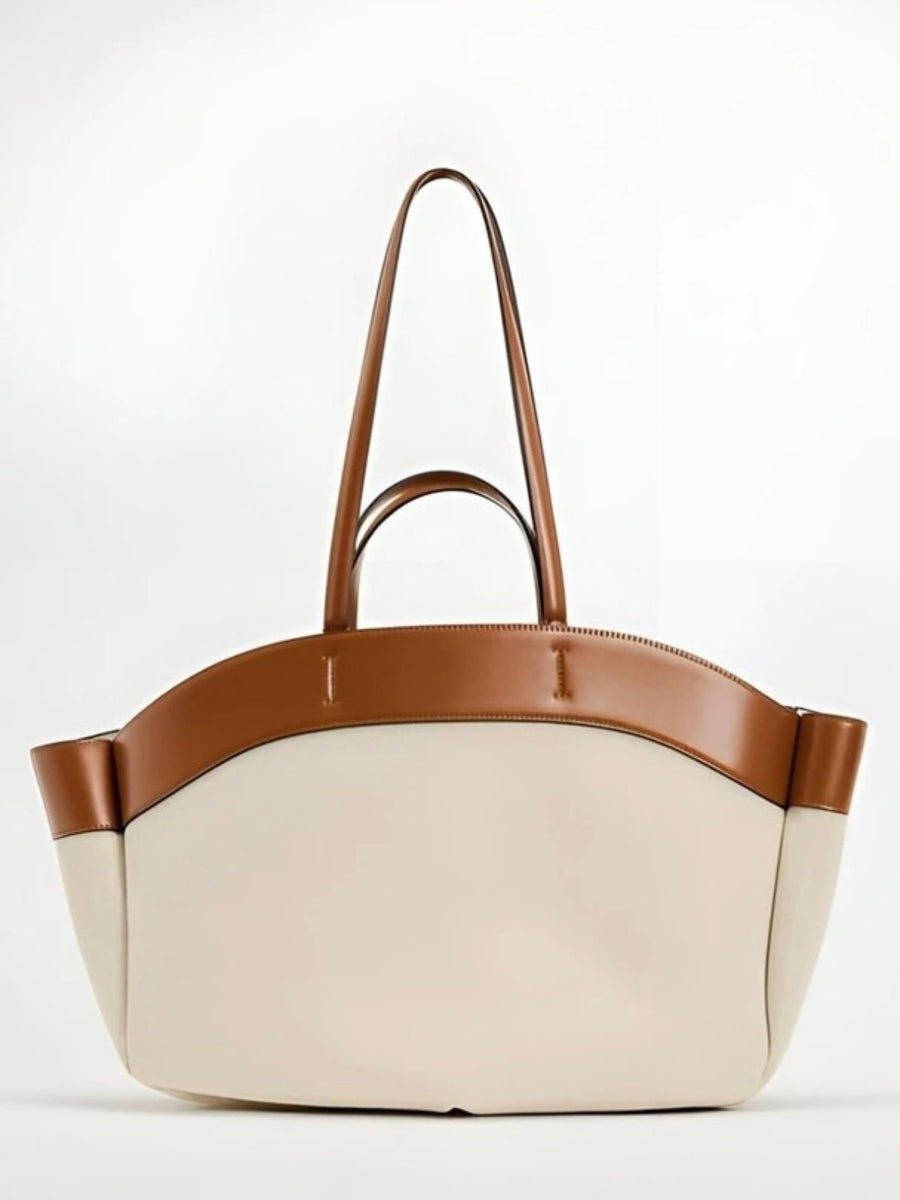 Women's Large Canvas Tote Bag with Leather Trim - Beige | Spring