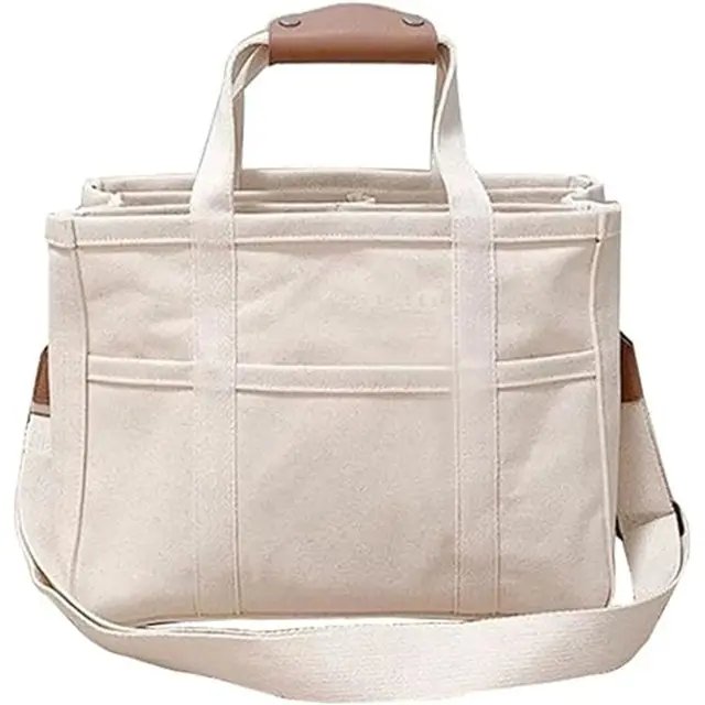 Women's Large-Capacity Canvas Tote Bag with Crossbody Strap - Beige