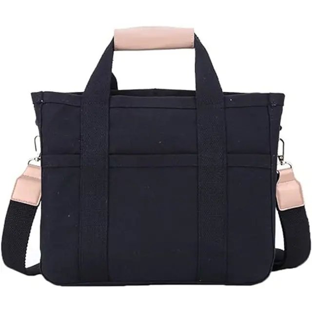 Women's Large-Capacity Canvas Tote Bag with Crossbody Strap - Black