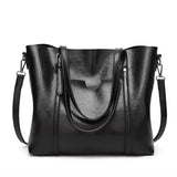 Women's Large Leather-Look Oil-Wax Shoulder Tote Bag - Black