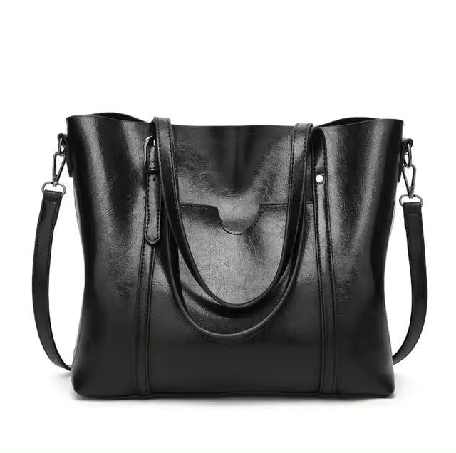 Women's Large Leather-Look Oil-Wax Shoulder Tote Bag - Black