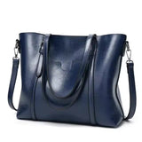 Women's Large Leather-Look Oil-Wax Shoulder Tote Bag - Blue