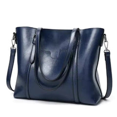 Women's Large Leather-Look Oil-Wax Shoulder Tote Bag - Blue