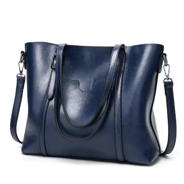 Women's Large Leather-Look Oil-Wax Shoulder Tote Bag - Blue
