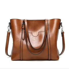 Women's Large Leather-Look Oil-Wax Shoulder Tote Bag - Brown