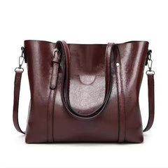 Women's Large Leather-Look Oil-Wax Shoulder Tote Bag - Coffee