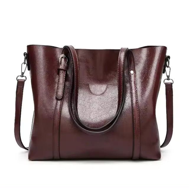 Women's Large Leather-Look Oil-Wax Shoulder Tote Bag - Coffee