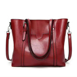 Women's Large Leather-Look Oil-Wax Shoulder Tote Bag - Red