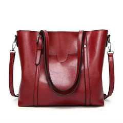 Women's Large Leather-Look Oil-Wax Shoulder Tote Bag - Red