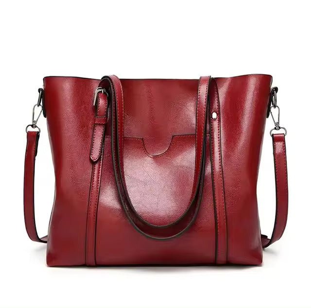 Women's Large Leather-Look Oil-Wax Shoulder Tote Bag - Red