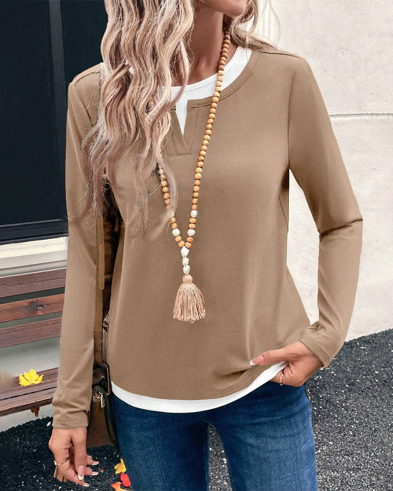 Women's Layered Long Sleeve Blouse - Casual Chic | Fall - Beige