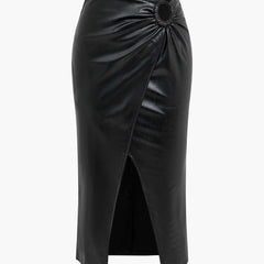 Women's Leather Midi Skirt | Wrap Style | Autumn - Black