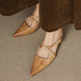 Women's Leather Mules Cross-Strap Pointed Toe Low Heel Slip-On - Apricot