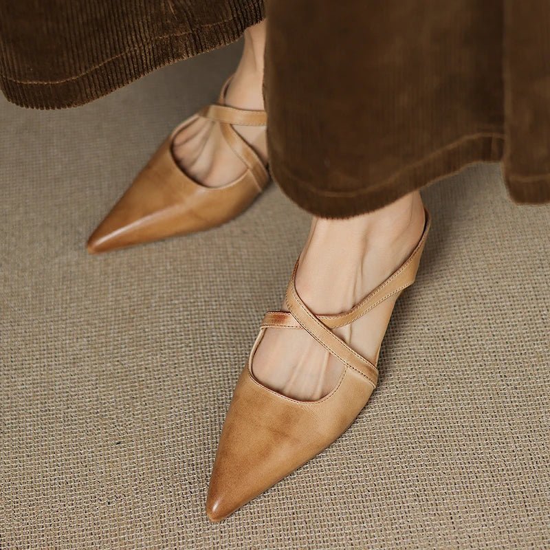 Women's Leather Mules Cross-Strap Pointed Toe Low Heel Slip-On - Apricot