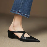 Women's Leather Mules Cross-Strap Pointed Toe Low Heel Slip-On - Black