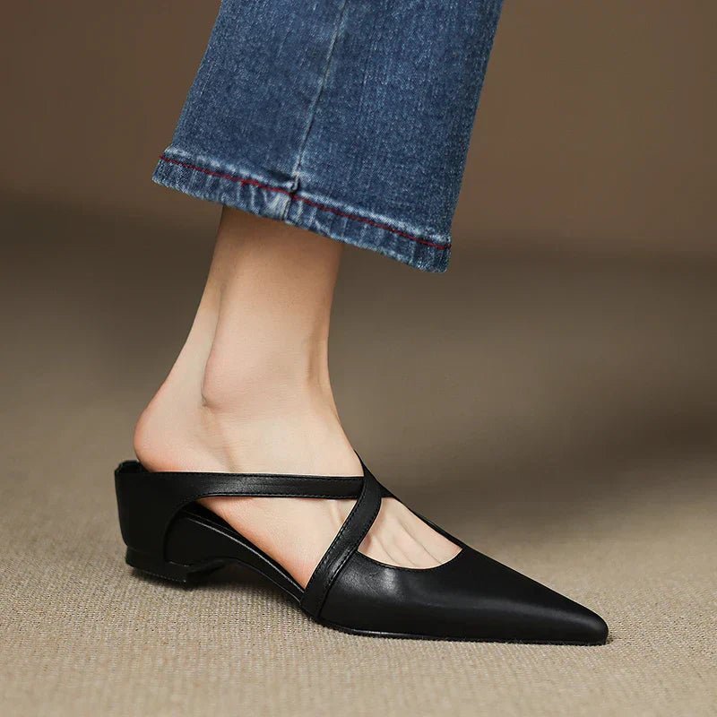 Women's Leather Mules Cross-Strap Pointed Toe Low Heel Slip-On - Black