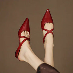 Women's Leather Mules Cross-Strap Pointed Toe Low Heel Slip-On