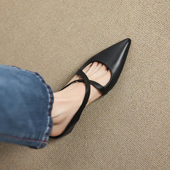 Women's Leather Mules Cross-Strap Pointed Toe Low Heel Slip-On