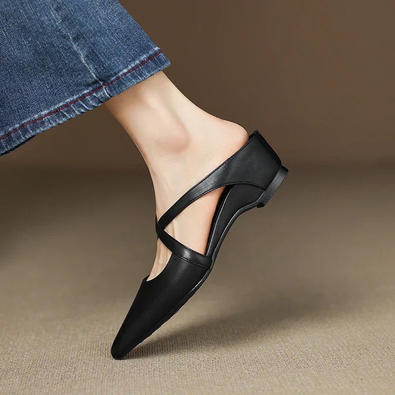 Women's Leather Mules Cross-Strap Pointed Toe Low Heel Slip-On