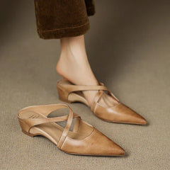Women's Leather Mules Cross-Strap Pointed Toe Low Heel Slip-On