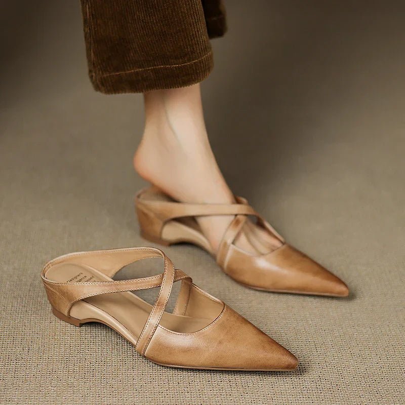 Women's Leather Mules Cross-Strap Pointed Toe Low Heel Slip-On