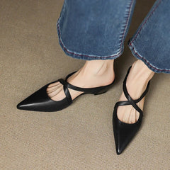 Women's Leather Mules Cross-Strap Pointed Toe Low Heel Slip-On