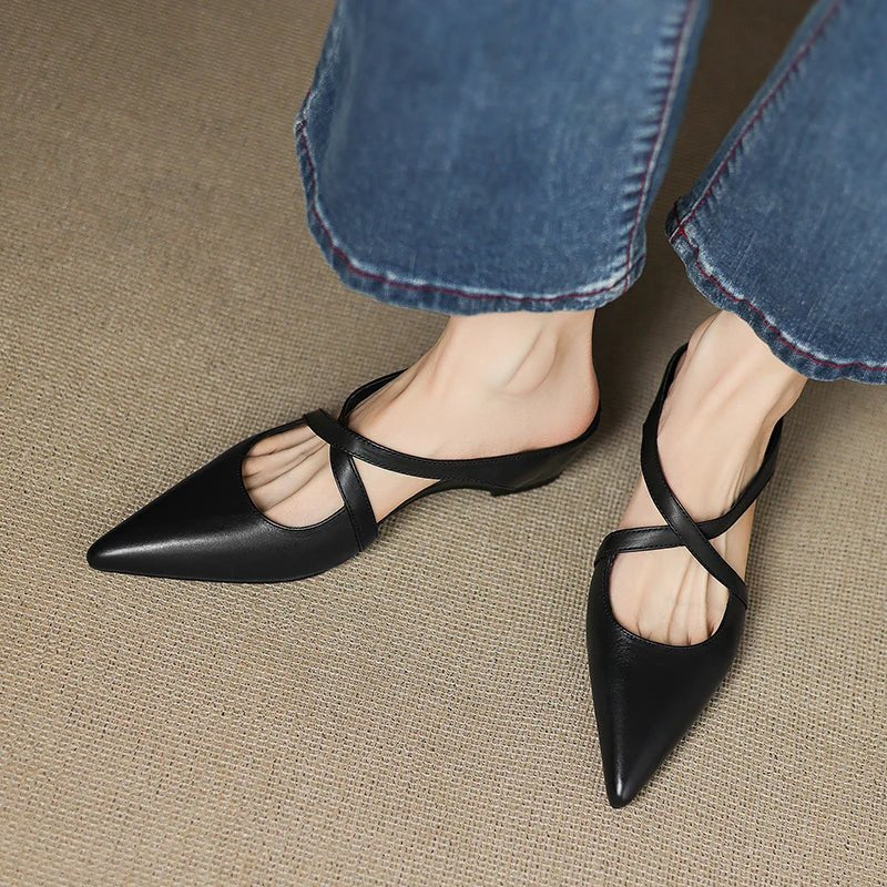 Women's Leather Mules Cross-Strap Pointed Toe Low Heel Slip-On