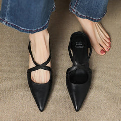 Women's Leather Mules Cross-Strap Pointed Toe Low Heel Slip-On