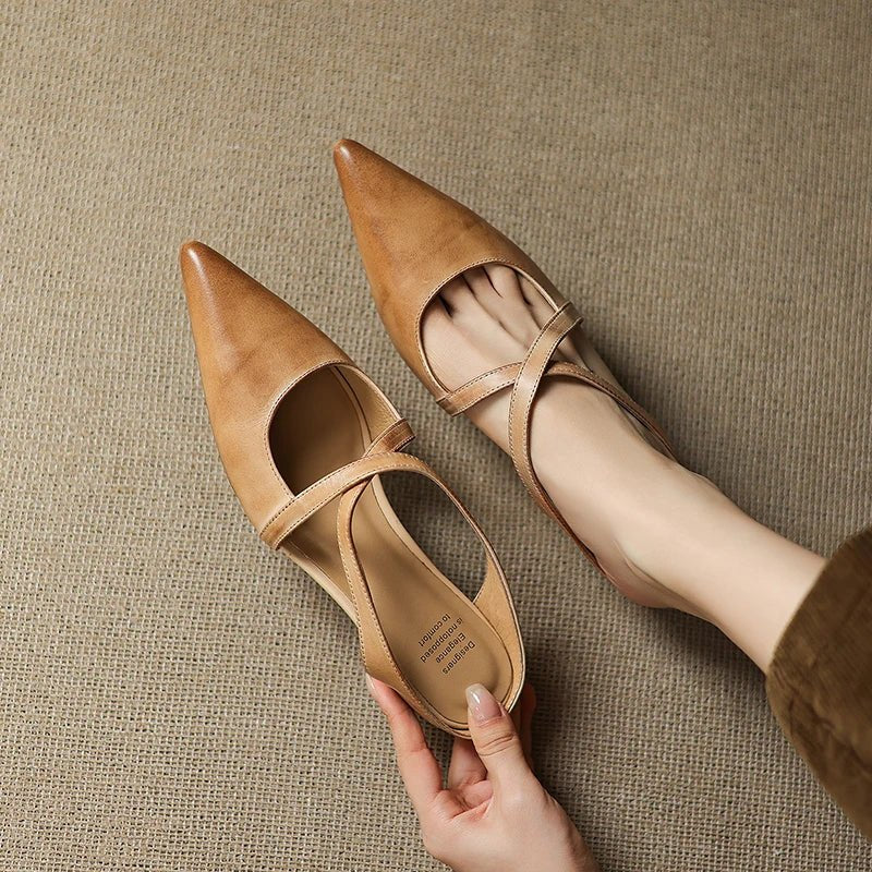 Women's Leather Mules Cross-Strap Pointed Toe Low Heel Slip-On