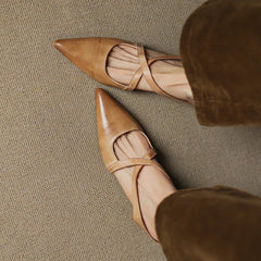 Women's Leather Mules Cross-Strap Pointed Toe Low Heel Slip-On