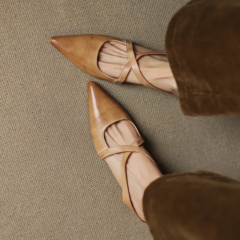 Women's Leather Mules Cross-Strap Pointed Toe Low Heel Slip-On