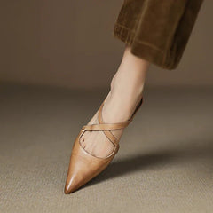 Women's Leather Mules Cross-Strap Pointed Toe Low Heel Slip-On