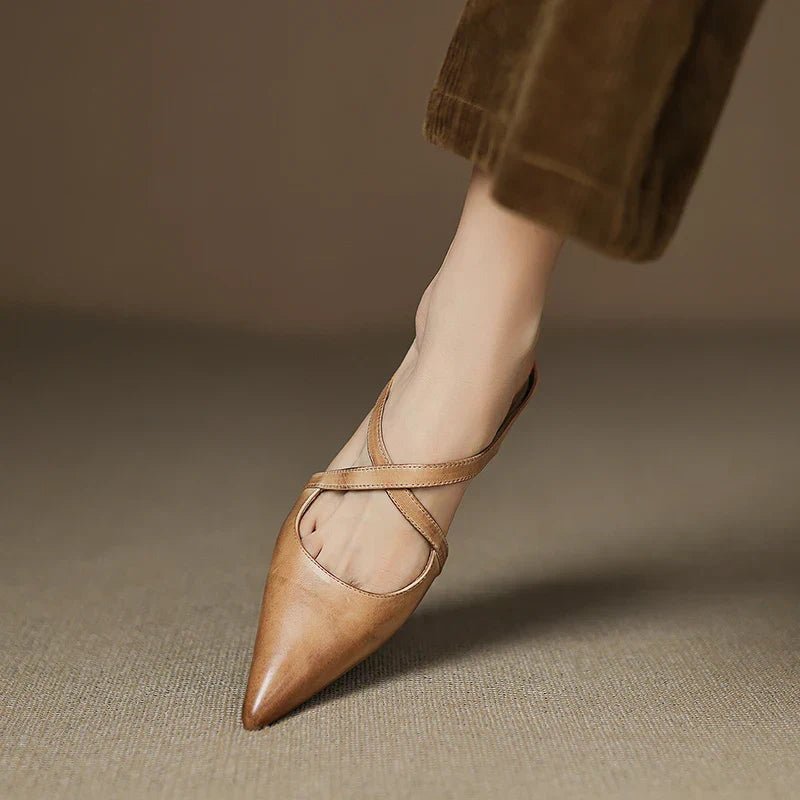 Women's Leather Mules Cross-Strap Pointed Toe Low Heel Slip-On