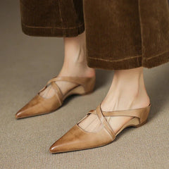 Women's Leather Mules Cross-Strap Pointed Toe Low Heel Slip-On
