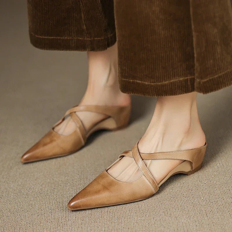 Women's Leather Mules Cross-Strap Pointed Toe Low Heel Slip-On
