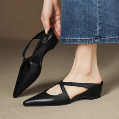 Women's Leather Mules Cross-Strap Pointed Toe Low Heel Slip-On