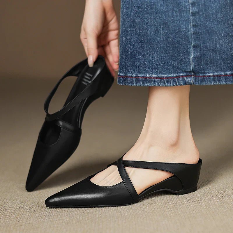 Women's Leather Mules Cross-Strap Pointed Toe Low Heel Slip-On